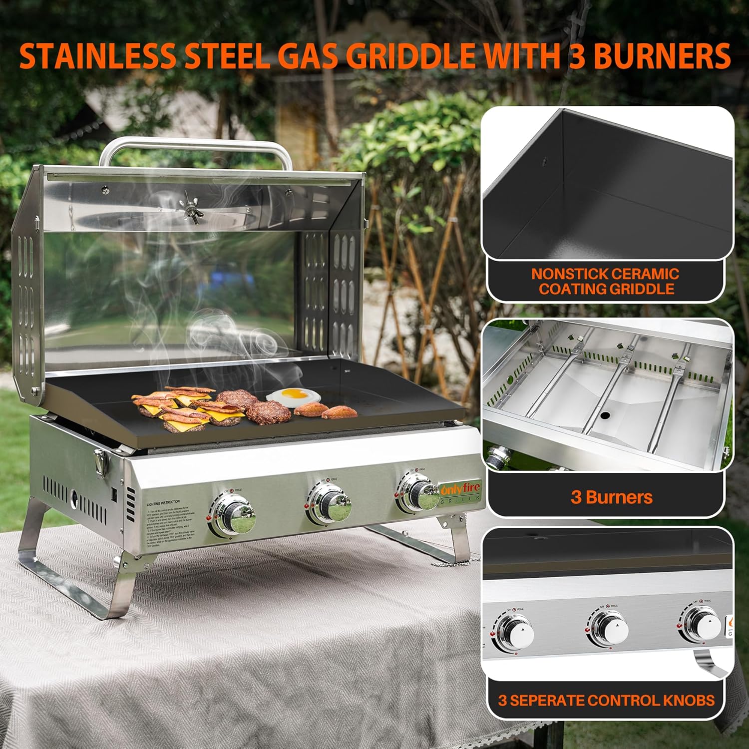 Thumbnail 3 de Onlyfire 3-Burner Gas Griddle portable tabletop with ceramic non-stick plancha, lid & thermometer