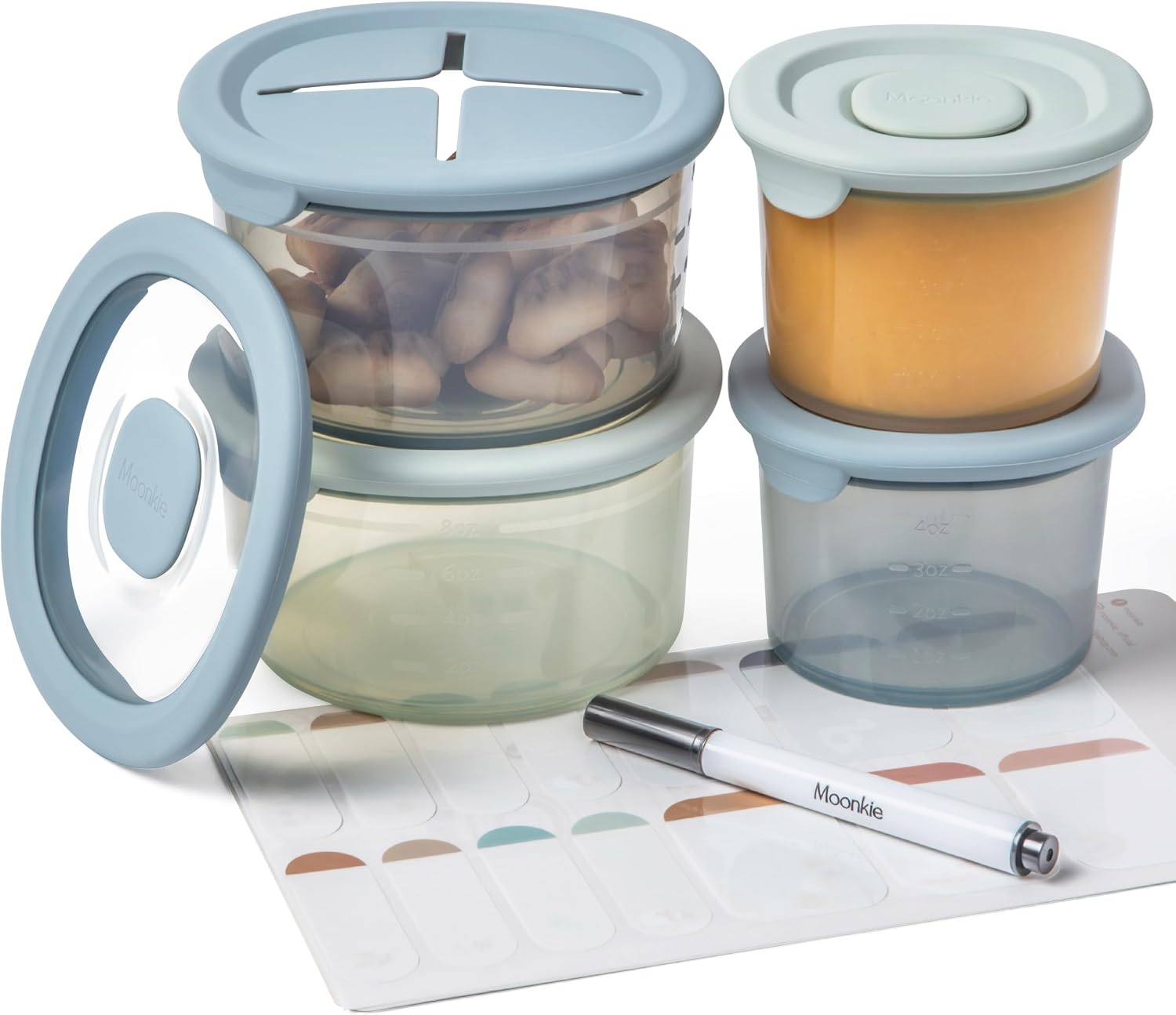 Detalle de Moonkie Silicone Baby Food Storage Containers, 4 Pack (2 x 120ml + 2 x 240ml) – Leakproof, Microwave & Dishwasher Safe