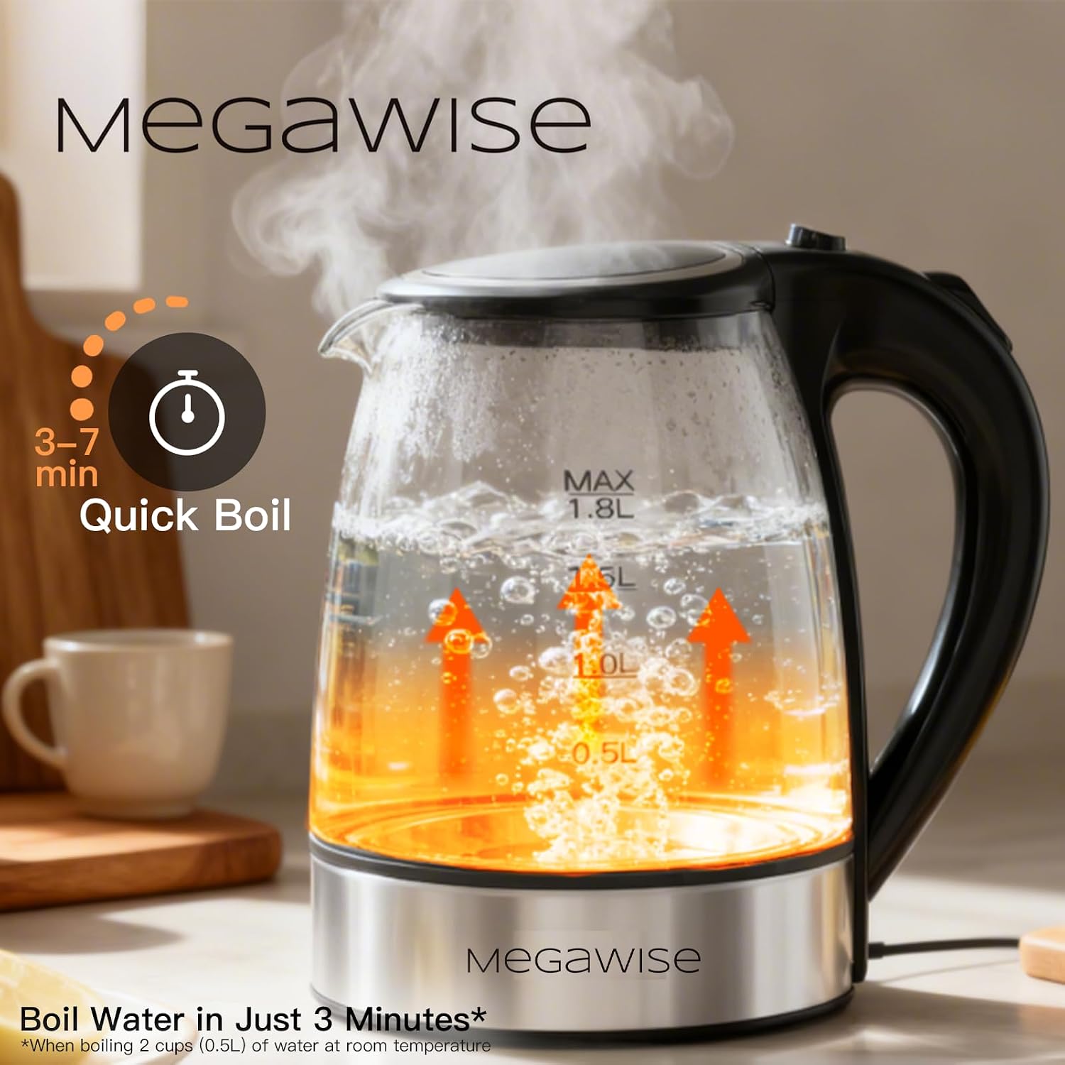 Thumbnail 2 de MEGAWISE 1.8L Healthy Electric Kettle (1800W) Borosilicate Glass, BPA-Free, Auto Shut-Off & Boil-Dry Protection