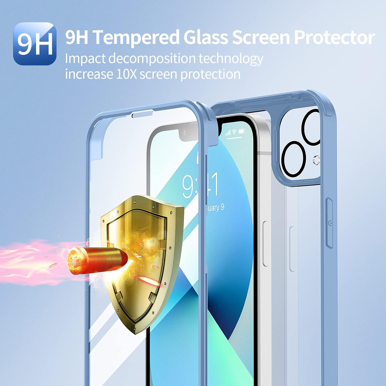 Thumbnail 2 de Seacosmo Coque de protection complète pour iPhone 13 Mini – Bleu, antichoc avec verre trempé et Protection écran + Caméra (9H)