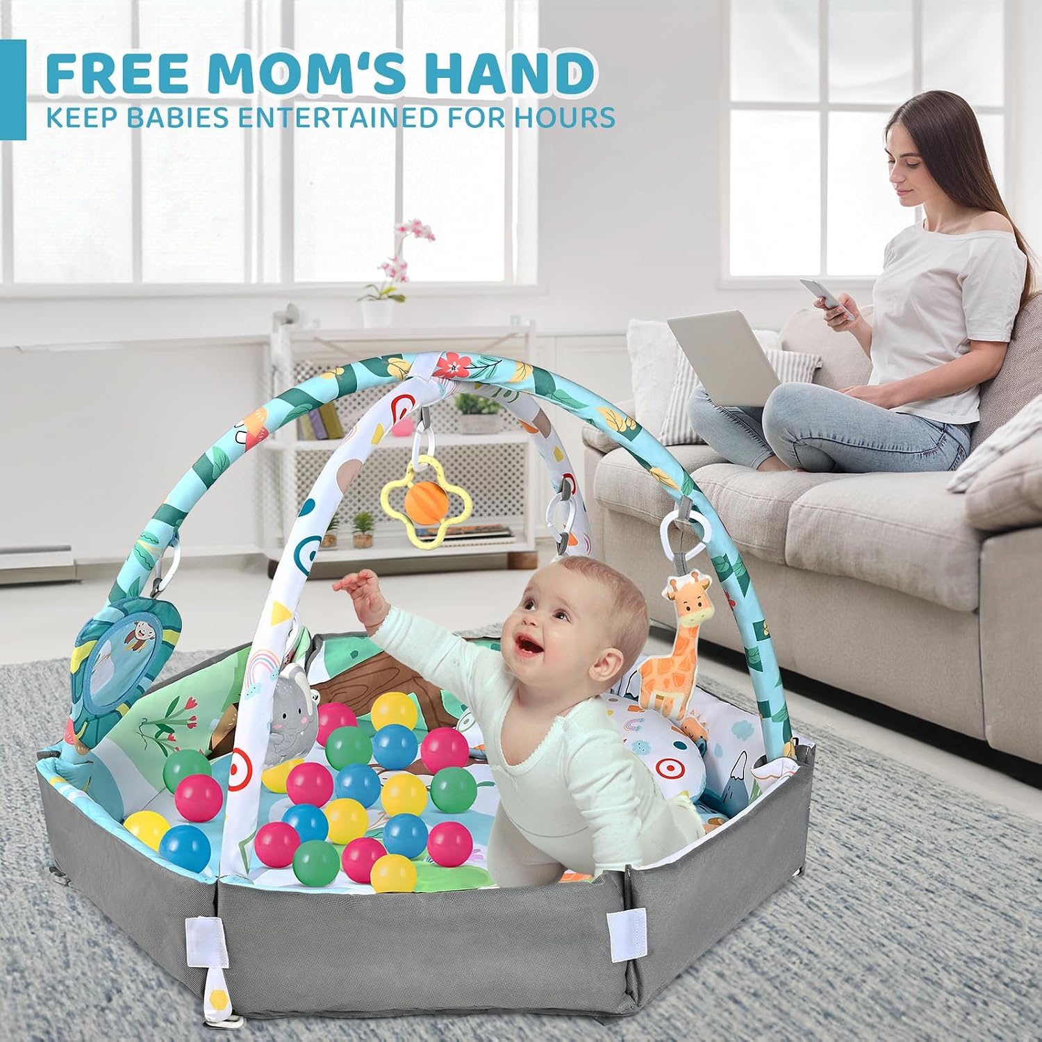 Detalle de Jyusmile 8-in-1 Baby Gym Play Mat, 43 x 39 in, Washable with 6 Toys