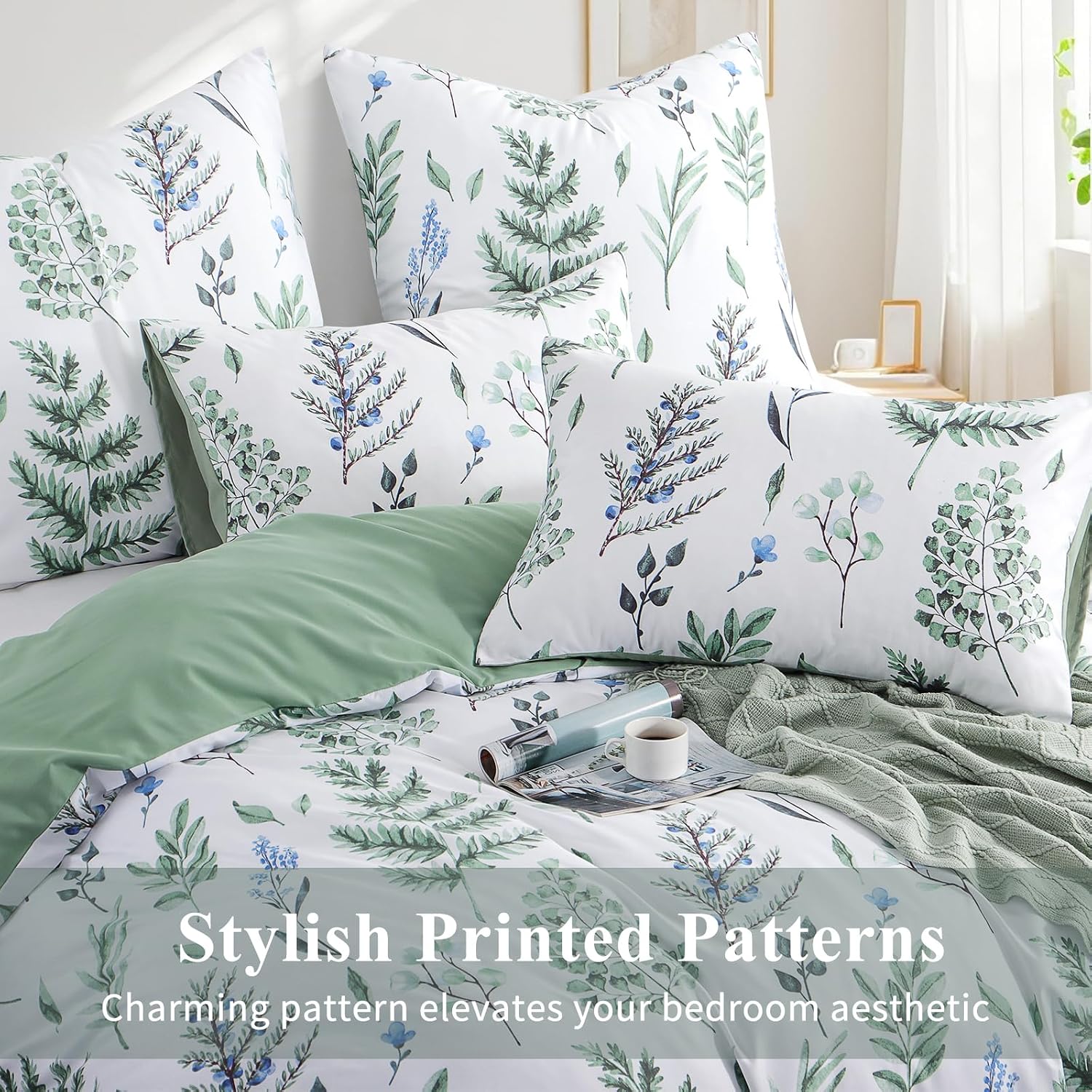 Detalle de Tifschlaf King Size Duvet Cover Set with Pillowcases – Floral Sage Green, 220x230 cm