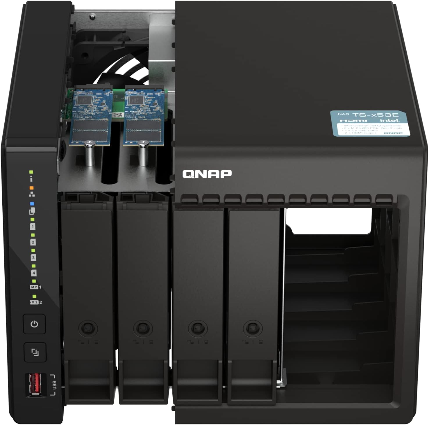 Detalle de QNAP TS-453E-8G NAS, 4 zatoki, 8 GB DDR4 i dwa porty 2,5 GbE