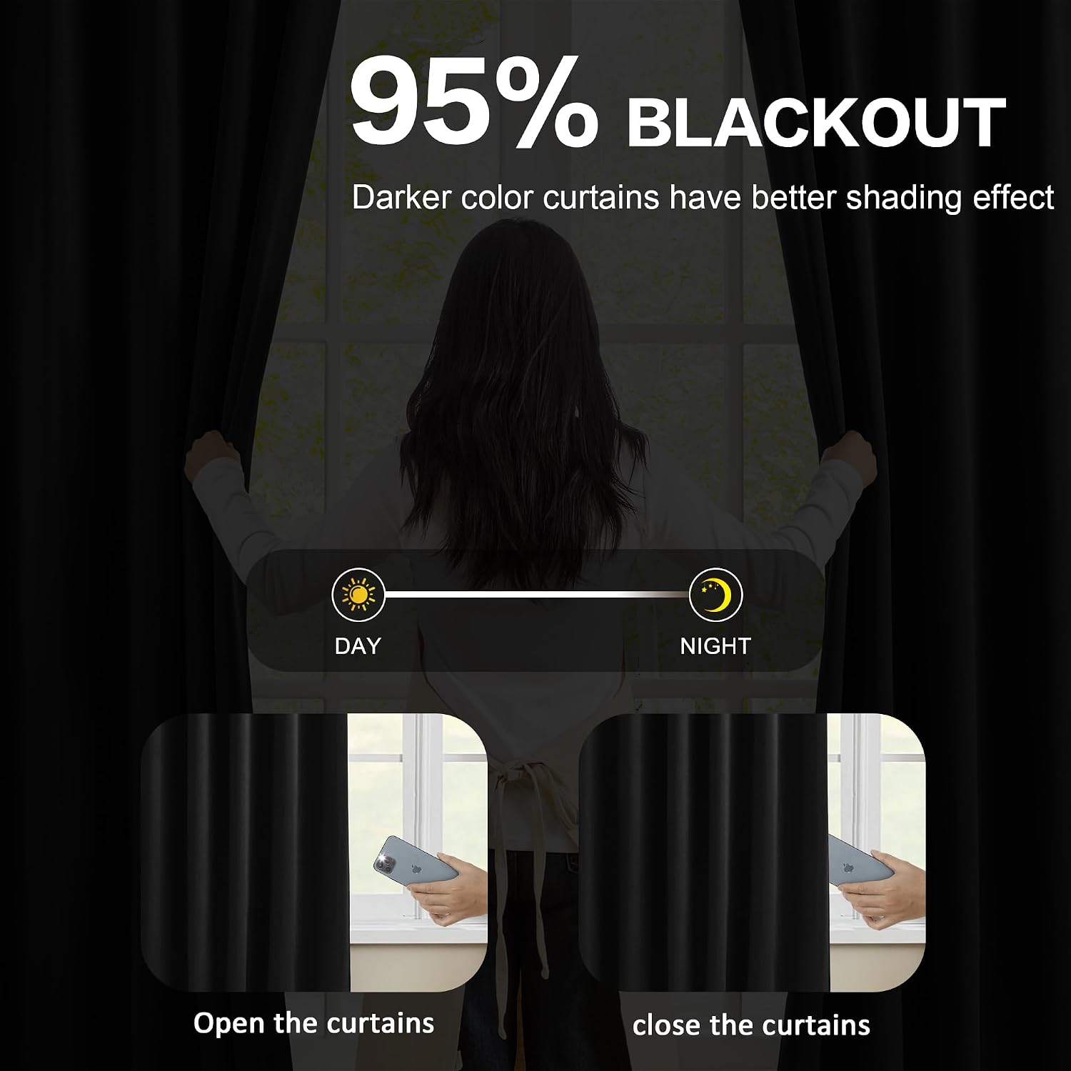 Detalle de KEQIAOSUOCAI Black Pinch Pleated Curtains 80ร84 ๐ช