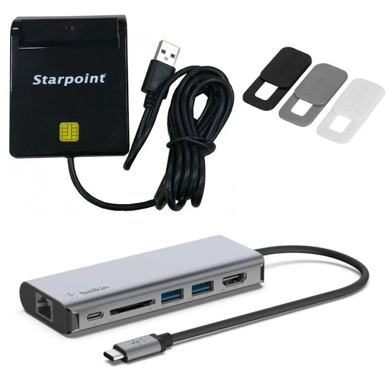 Detalle de Pack Adaptador Belkin USB-C 6 en 1 + Lector DNIe + Tapas de Webcam: versatilidad y privacidad para tu portátil