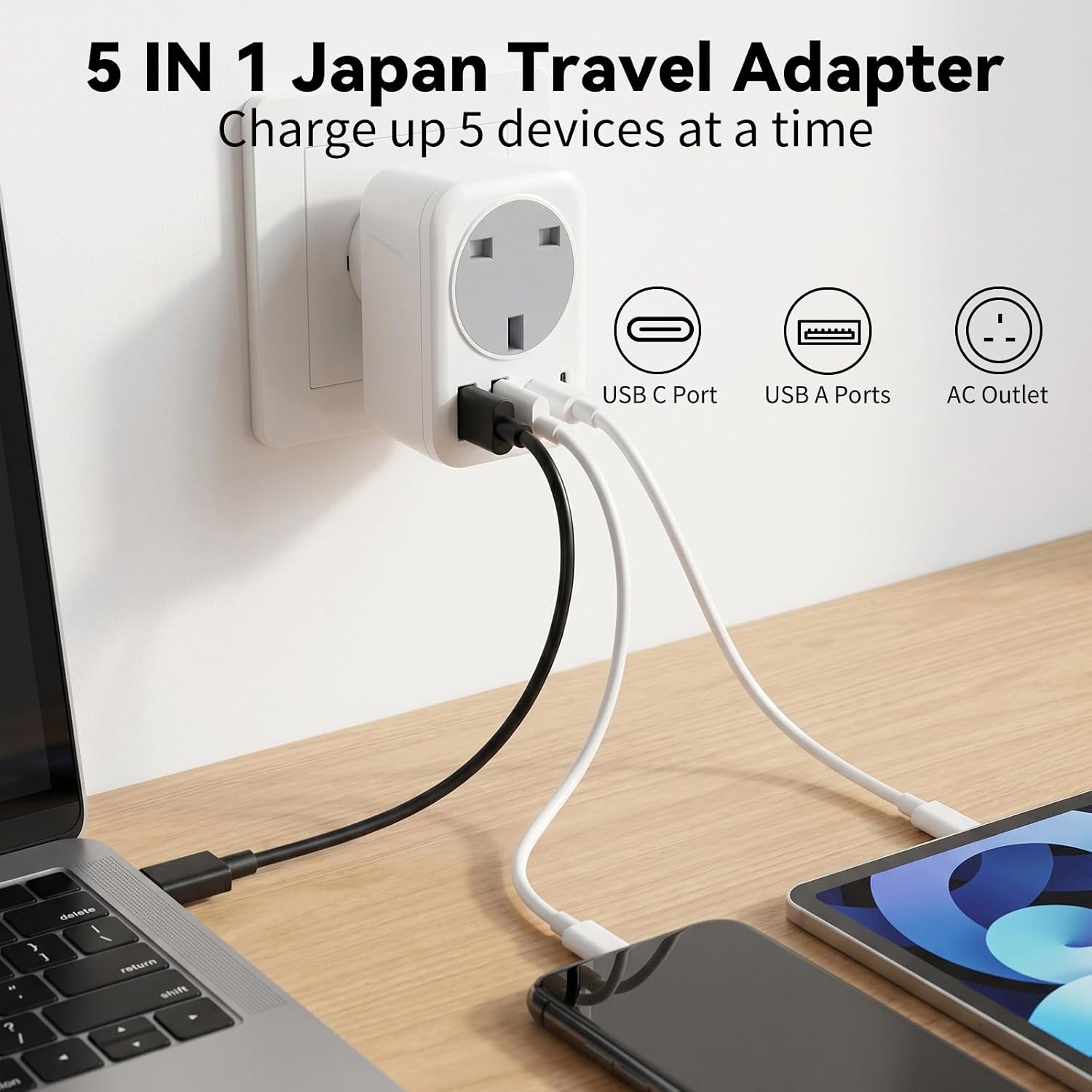 Detalle de 5 in 1 UK to Japan Travel Adapter with 2 USB-C and 2 USB-A Ports, 1 AC Outlet (100V-240V) – Type G to Type A
