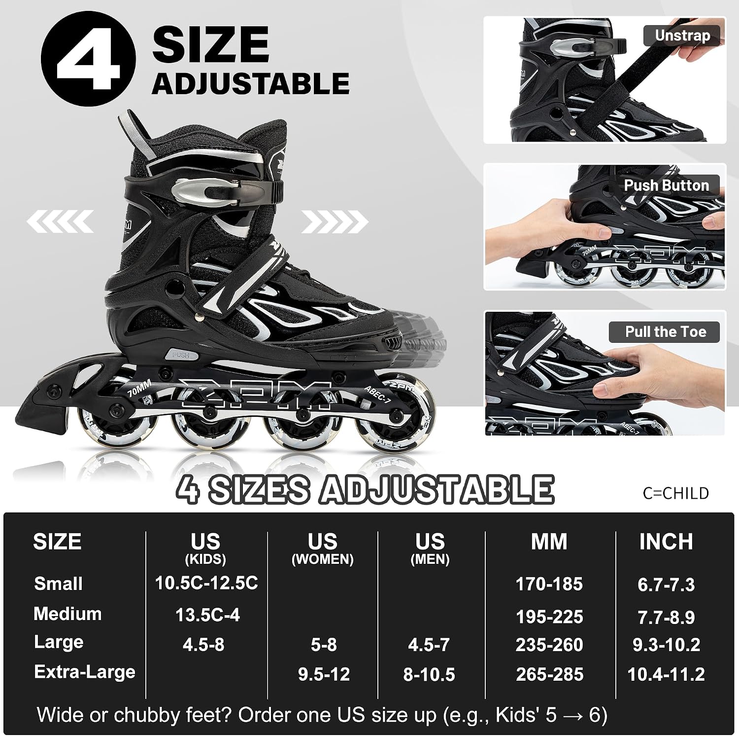 Detalle de 2PM SPORTS 2PM-6006 Adjustable Inline Skates with Light-Up Wheels