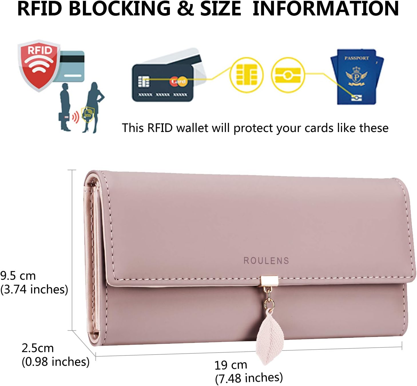 Detalle de Roulens Ladies Purse with RFID Blocking PU Leather Wallet – Leaf Pendant, Zipper Coin Purse, 10 Card Slots & Large Capacity