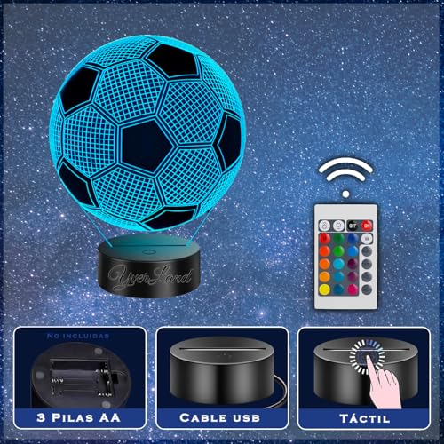 Detalle de YverLand lámpara LED 3D con forma de balón de fútbol (colores y mando a distancia) para niños