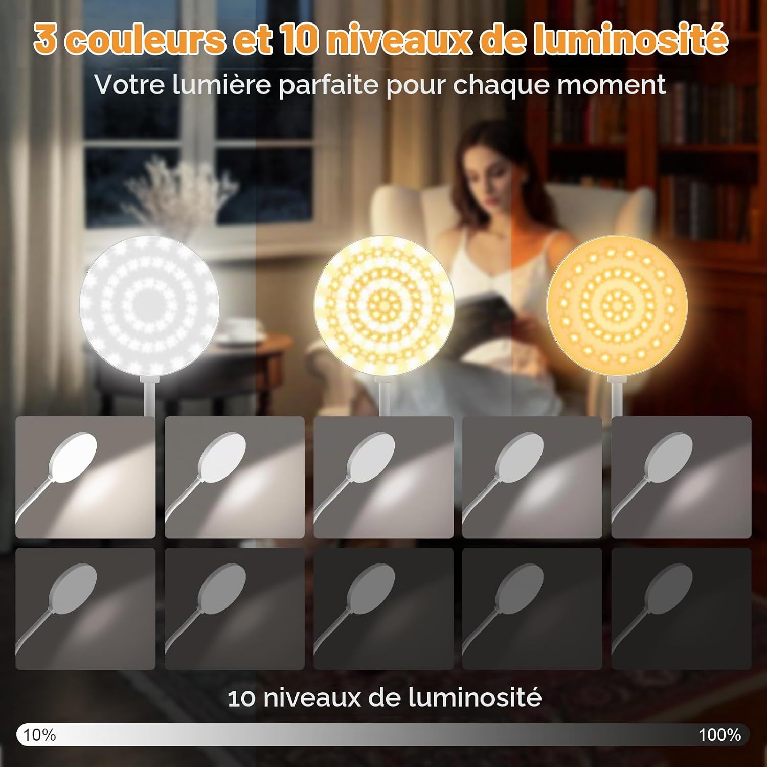 Detalle de ZAPLIT led-leeslamp met klem, 97 leds, USB-C en 10 helderheidsniveaus
