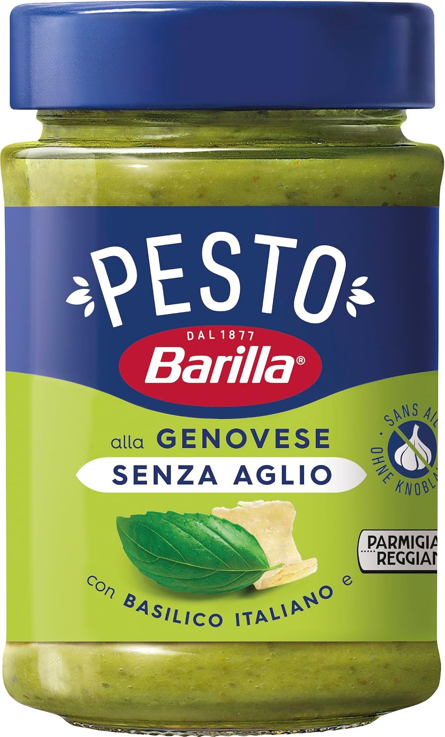 Detalle de Barilla Pesto alla Genovese ohne Knoblauch 190 g – glutenfrei, cremig, 100% Basilikum aus Italien