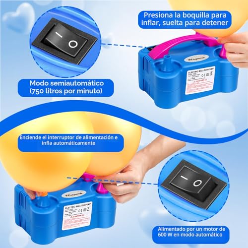 Detalle de FLSEPAMB Inflador de Globos Eléctrico 600W: Hinchador Portátil 2+2 Boquillas para Bodas y Fiestas