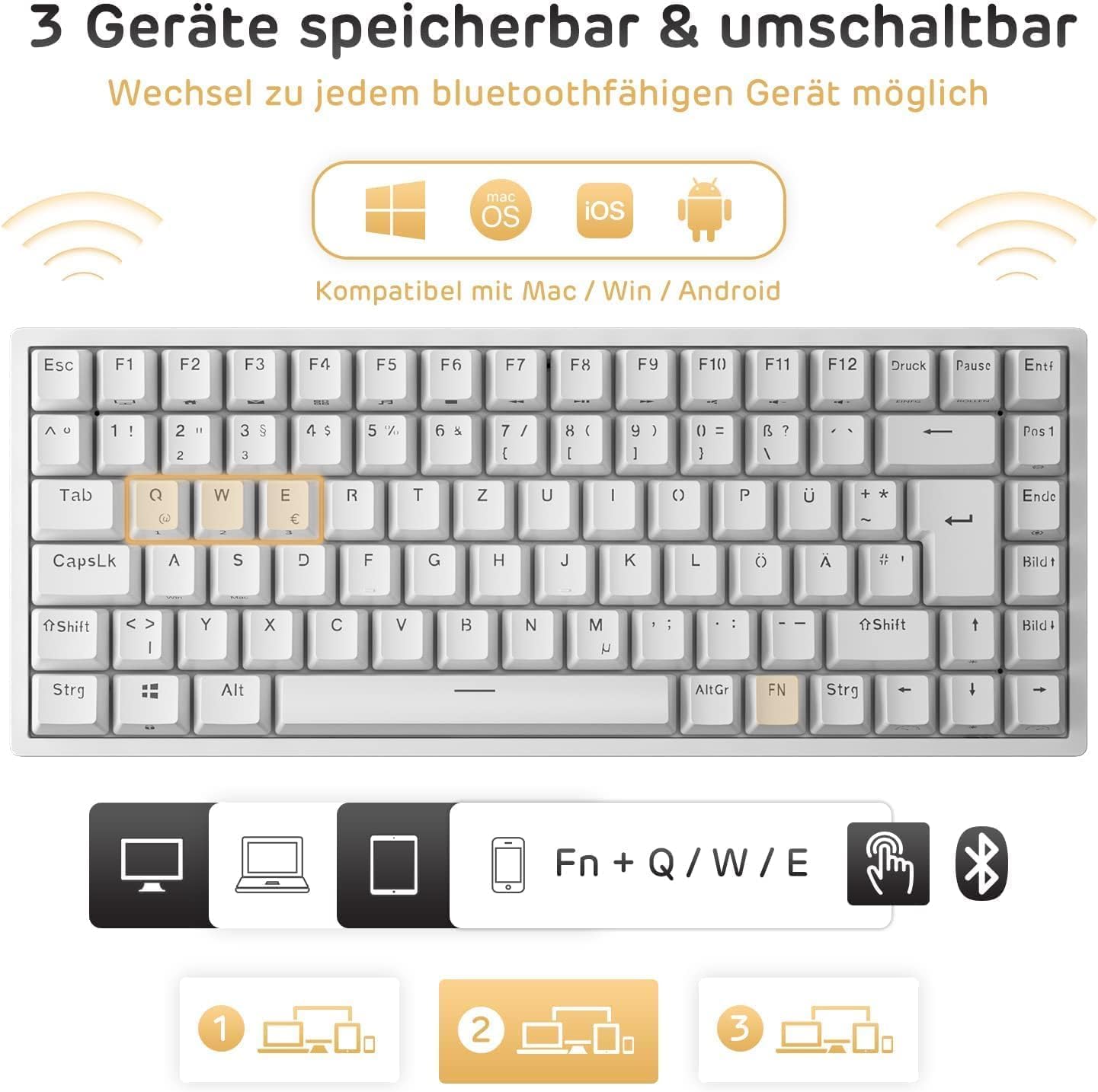 Thumbnail 1 de RK ROYAL KLUDGE RK84-DE 75% meccanica TKL Bluetooth 2,4 GHz RGB con switch marroni (RK84-DE)