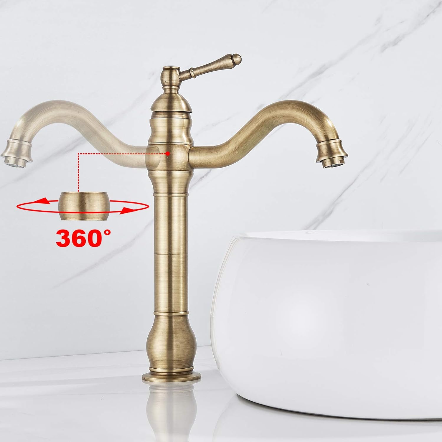 Detalle de Rozin Antique Brass Bathroom Sink Tap – Single Handle, 360° Rotable Spout, Deck Mounted Mixer