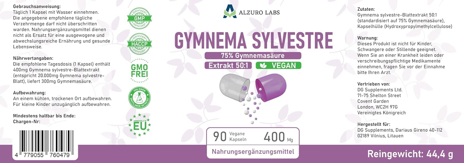 Detalle 2 de ALZURO LABS Gymnema Sylvestre 20 000mg 90 gélules