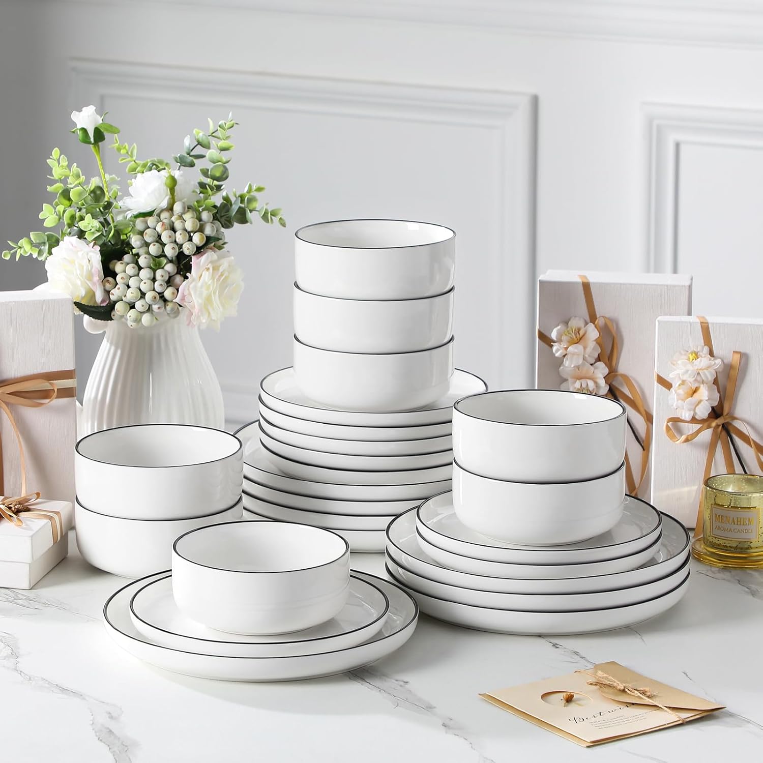 Thumbnail 5 de MALACASA Luna 24-Piece Porcelain Dinnerware Set (Plates and Bowls for 8), White with Black Rim