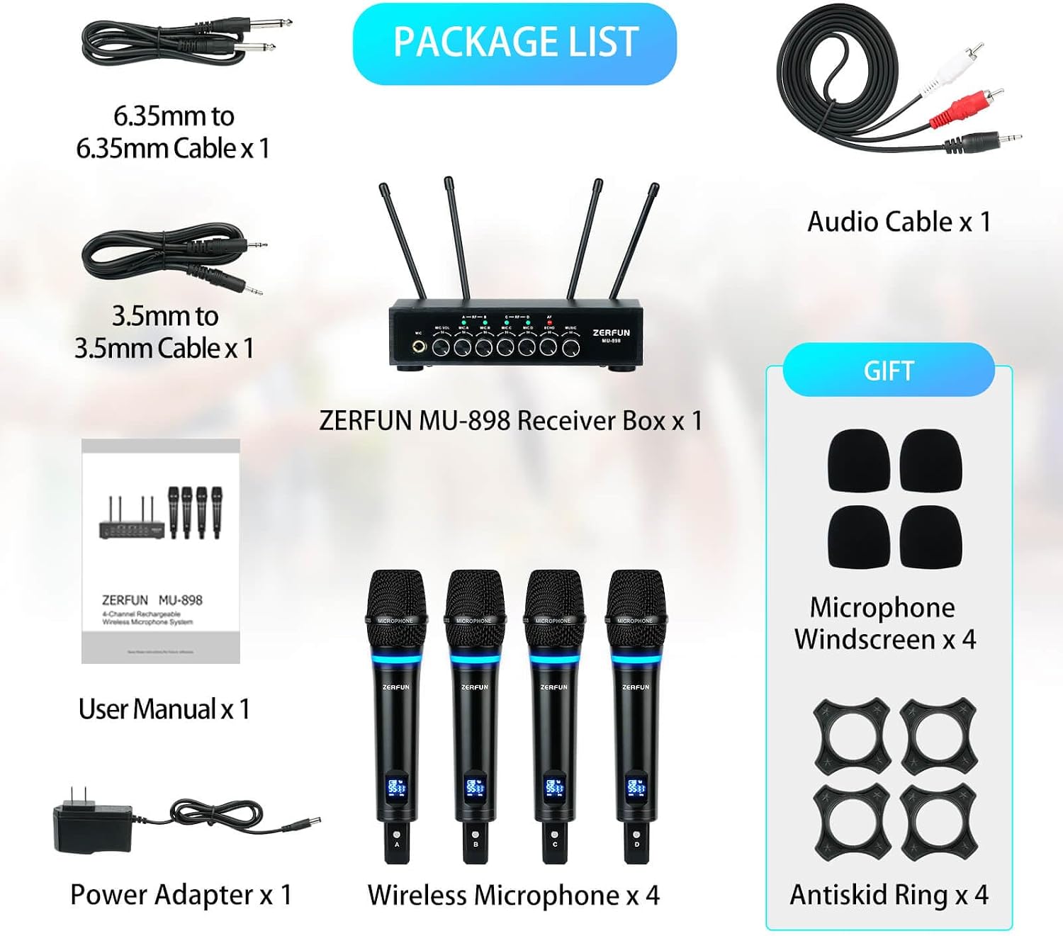 Detalle de ZERFUN MU-898 4-Channel Rechargeable Wireless Microphone System