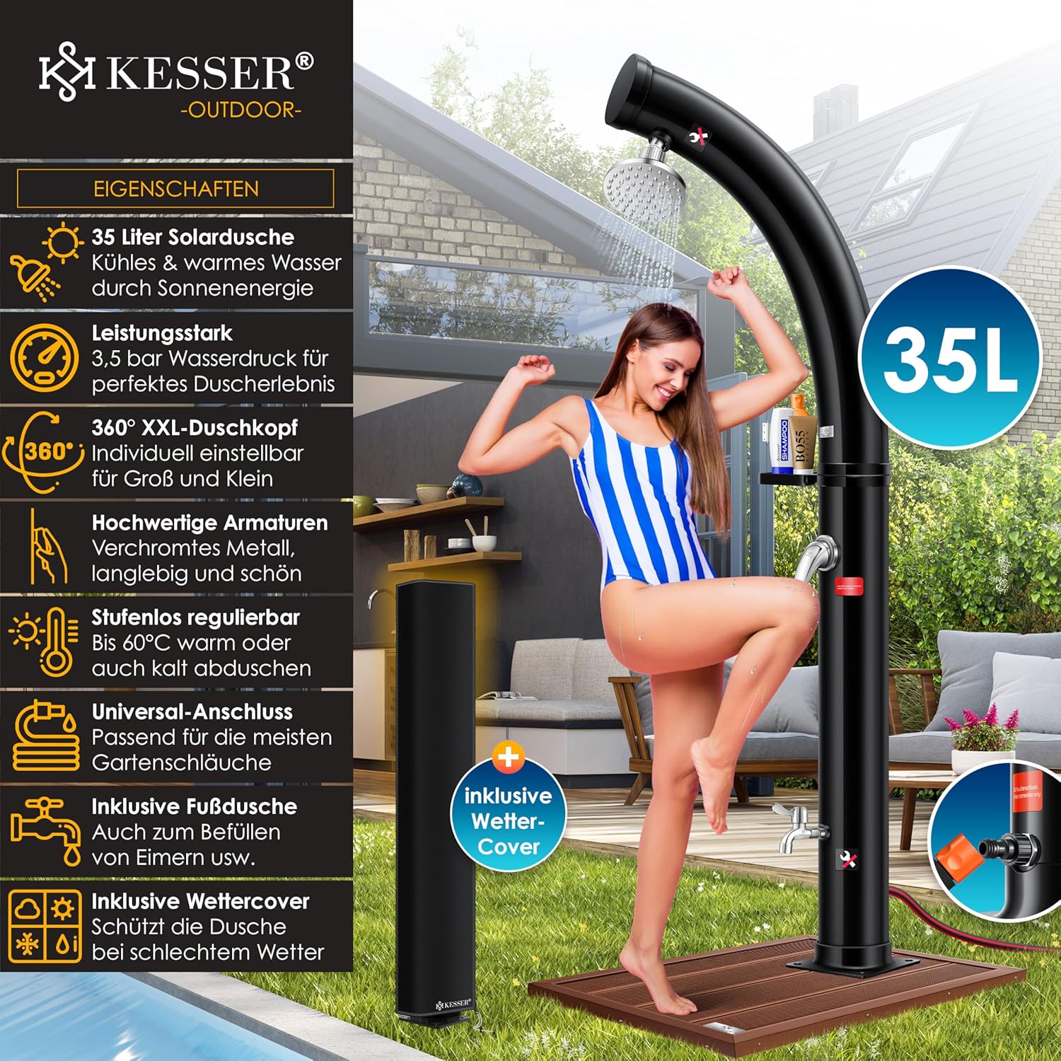 Thumbnail 1 de KESSER Solar-Gartendusche Bogen mit Schutzhaube – 20L/35L, warm bis 60 °C, Regenduschkopf, Wasserhahn, Gartenschlauch-Anschluss