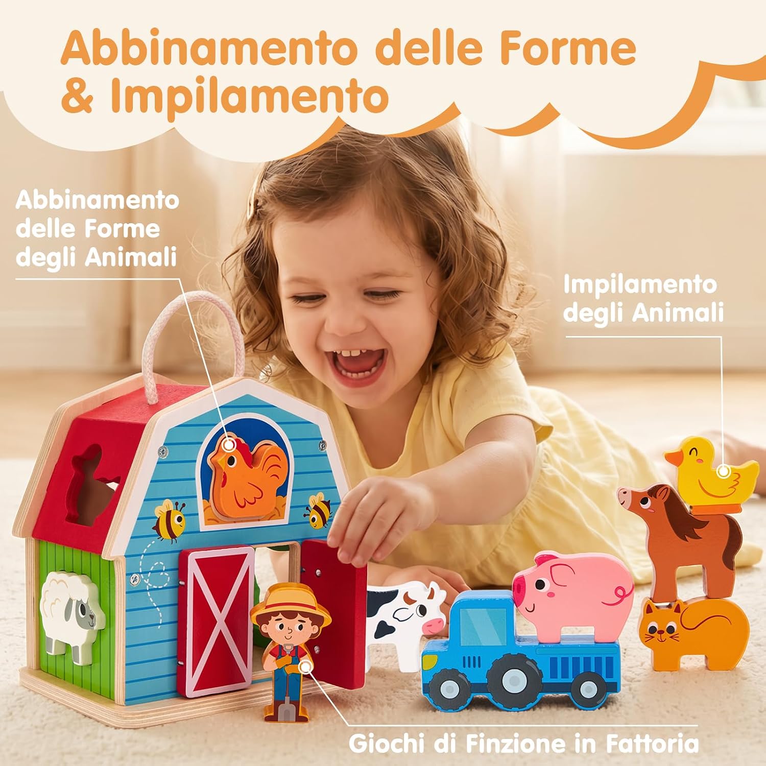 Thumbnail 2 de Hahaland Giochi Montessori in Legno 4 in 1: Fienile con Animali e Trattore – 1–3 Anni