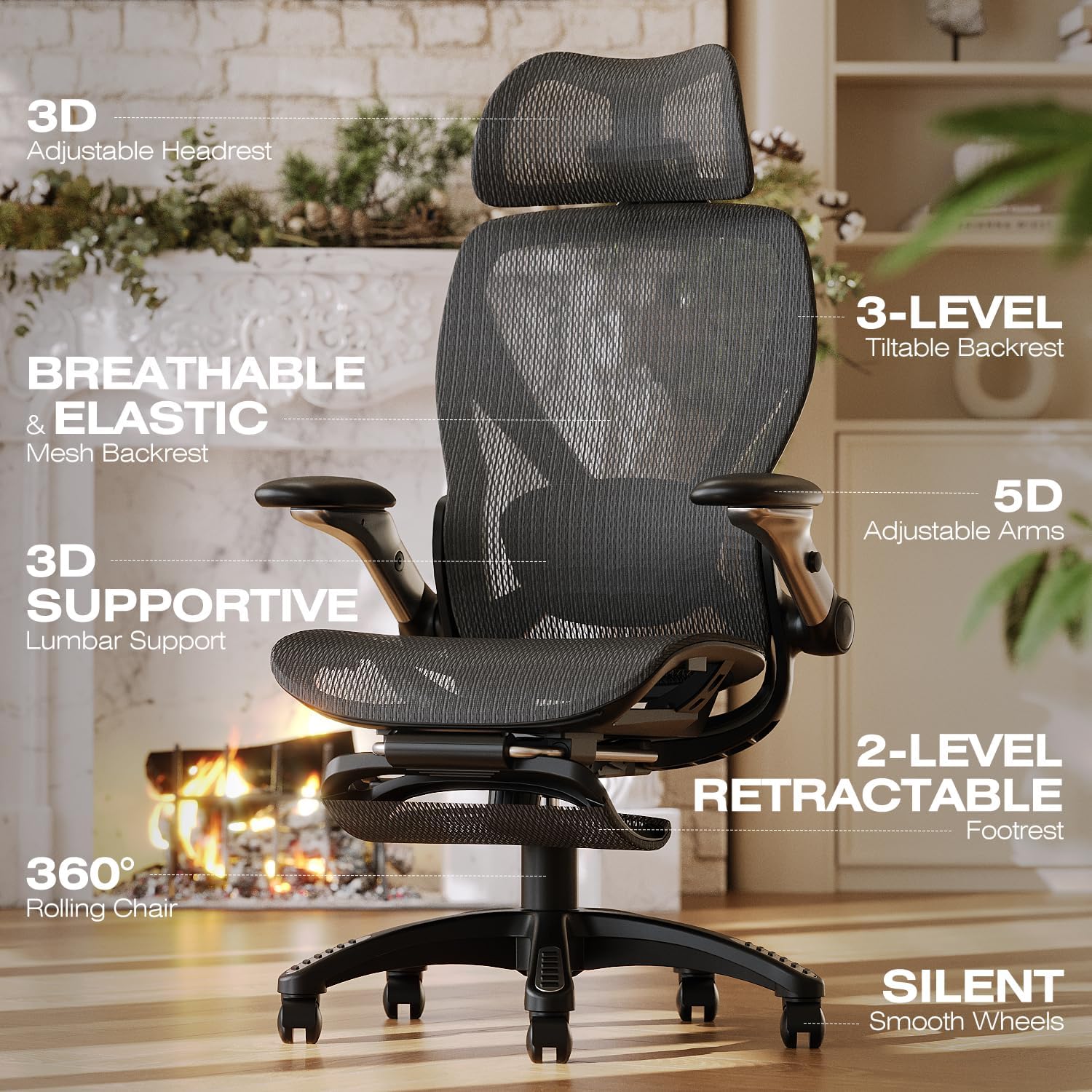 Detalle de ELABEST X100 Ergonomic Mesh Office Chair with Footrest, 3D Lumbar Support