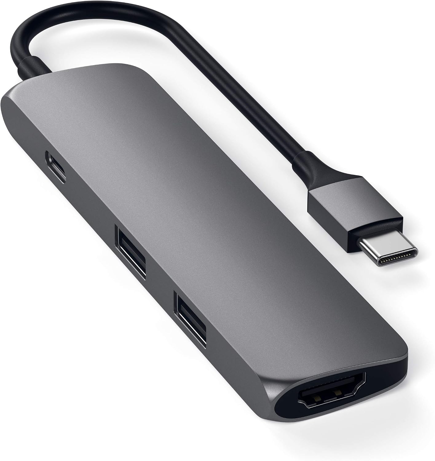 Detalle de SATECHI Hub USB‑C 4 en 1 Slim Classic (PD 60W, HDMI 4K@60Hz, Ethernet, USB‑A 10Gbps) – Gris sidéral