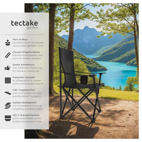 Detalle de tectake 4er Set Camping Stühle – Klappstuhl mit Armlehne, Getränkehalter und Tragetasche, schwarz