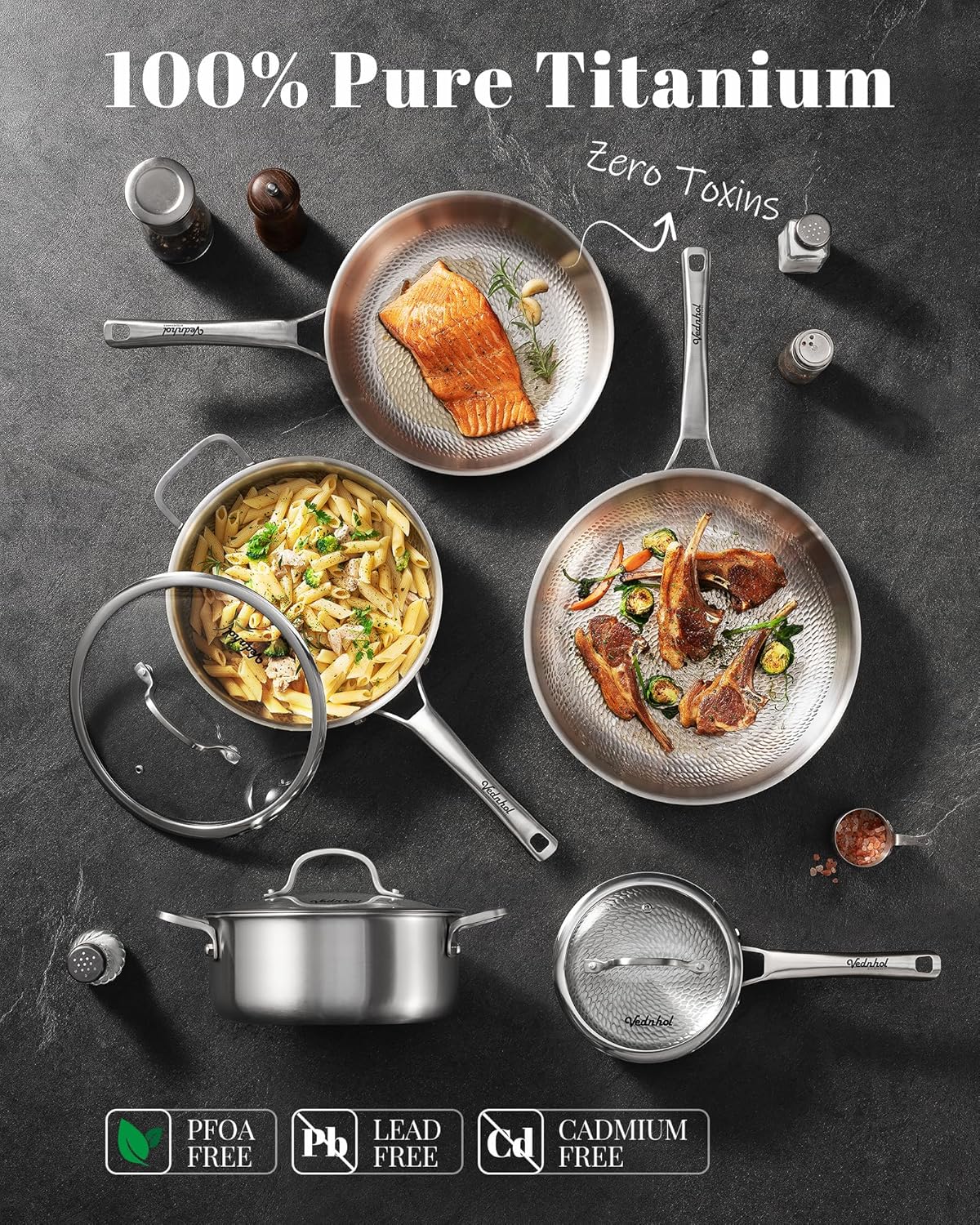 Thumbnail 1 de Titanium Pans Set (8-Piece) Pure Titanium Hammered Pro with Lids — Nonstick, PFAS/PTFE/PFOA-Free, Induction Compatible