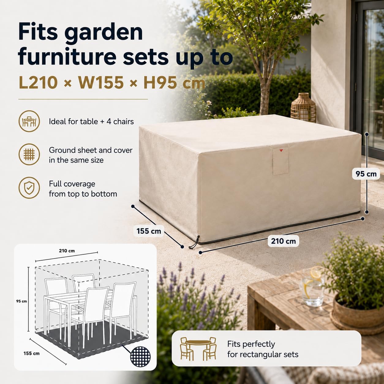 Detalle de HOME It Garden – pokrowiec na meble ogrodowe Oxford 600D, 210 × 155 × 95 cm