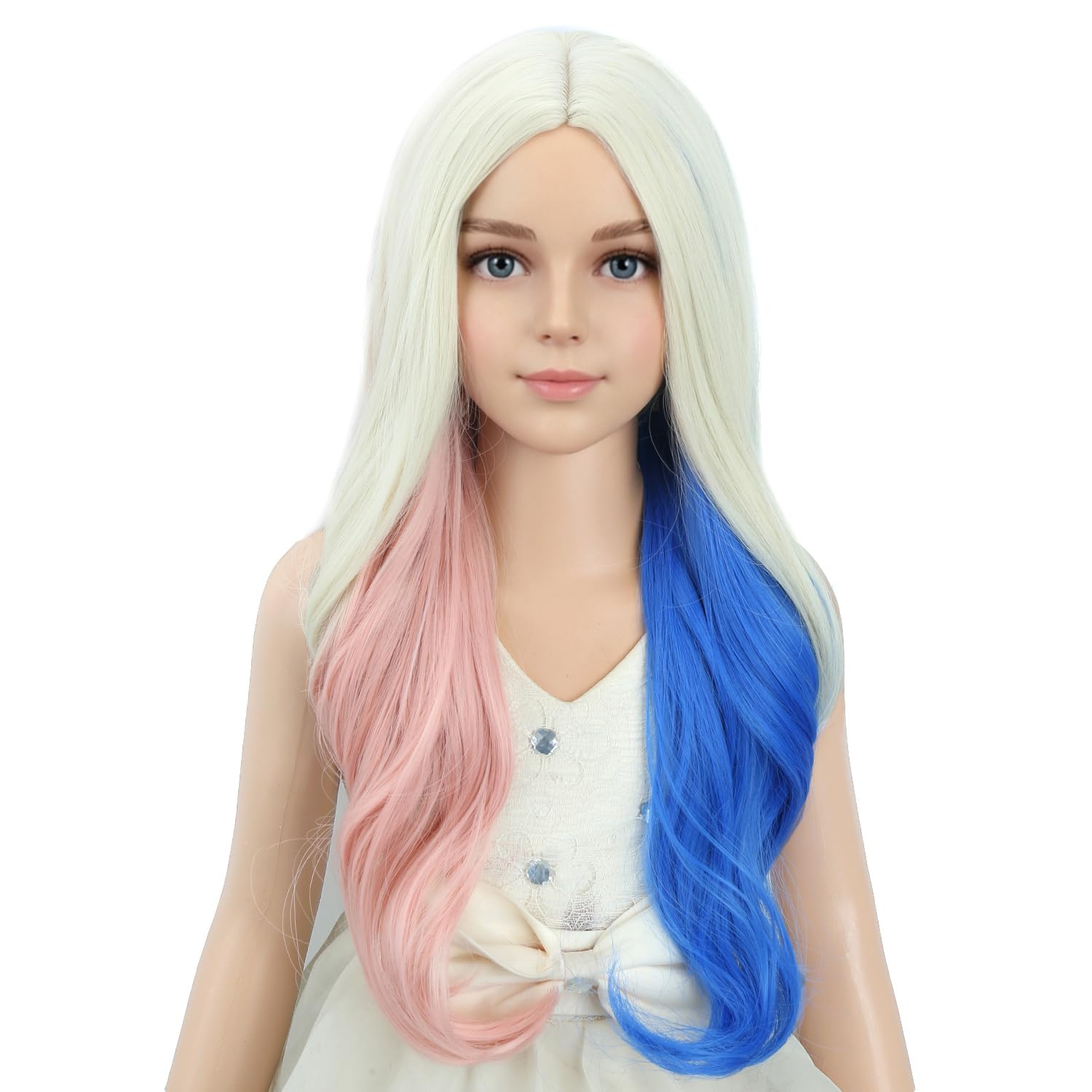 Detalle de PATTNIUM Pink and Blue Wavy Wig for Kids, 22-Inch Heat-Resistant Synthetic Hair
