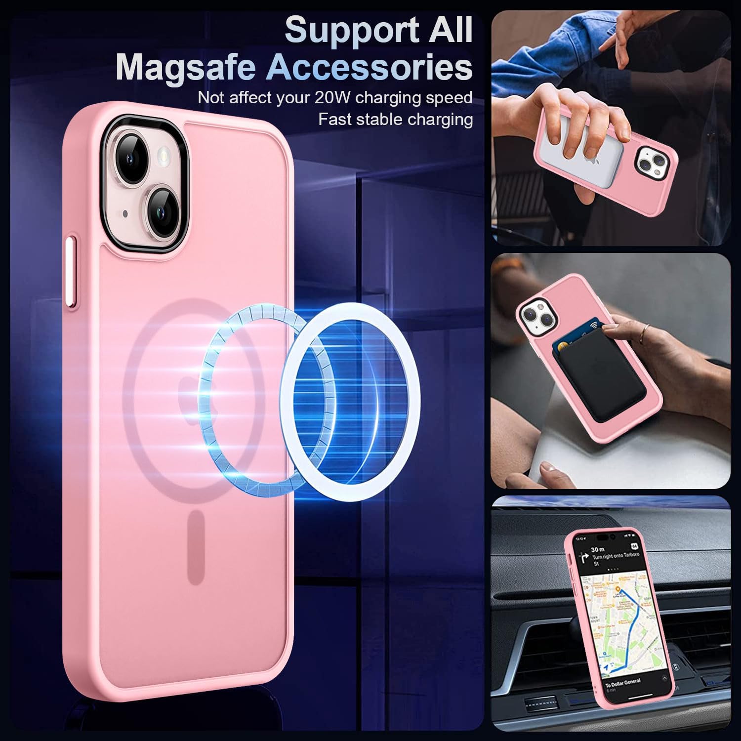 Detalle de MOCCA Strong Magnetic iPhone 13 Case (6.1") with MagSafe Support + Screen & Camera Lens Protectors, Pink (Translucent Matte Slim)