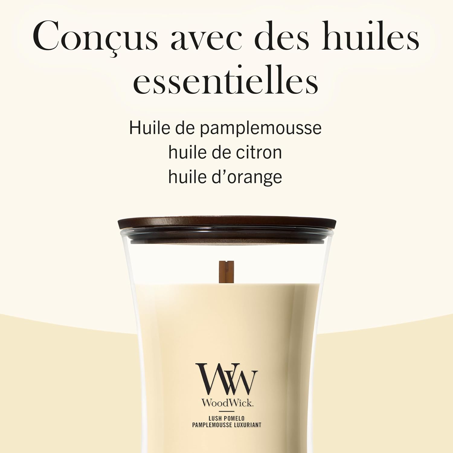 Detalle de WoodWick Grande Bougie Lush Pomelo – Une ambiance lumineuse et果ambiance parfumée, idéale comme cadeau