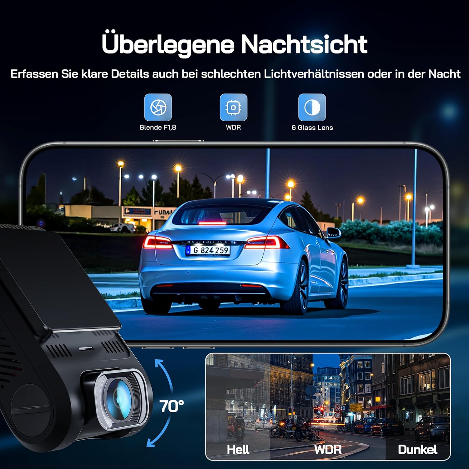 Thumbnail 4 de WOLFANG Dashcam Mini 2,5K (1440p) mit WiFi, 32-GB-microSD & 170°-Weitwinkel