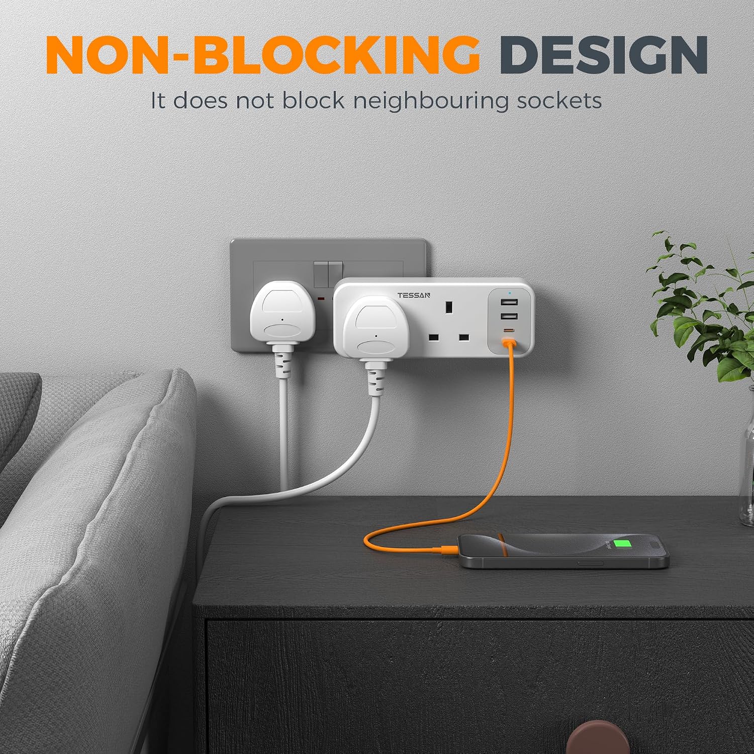 Detalle de TESSAN 2 Way 6-in-1 Multi Plug Extension Socket with 4 USB (2 USB-C) – UK 13A Adaptor