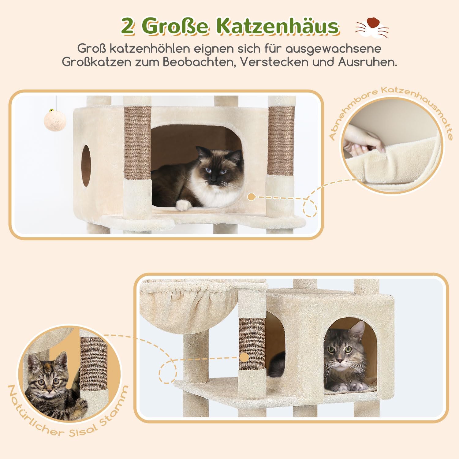 Detalle de Globlazer Kratzbaum Beige XXL mit 2 extragroßen Katzenhäusern – kippsicher, für große Katzen