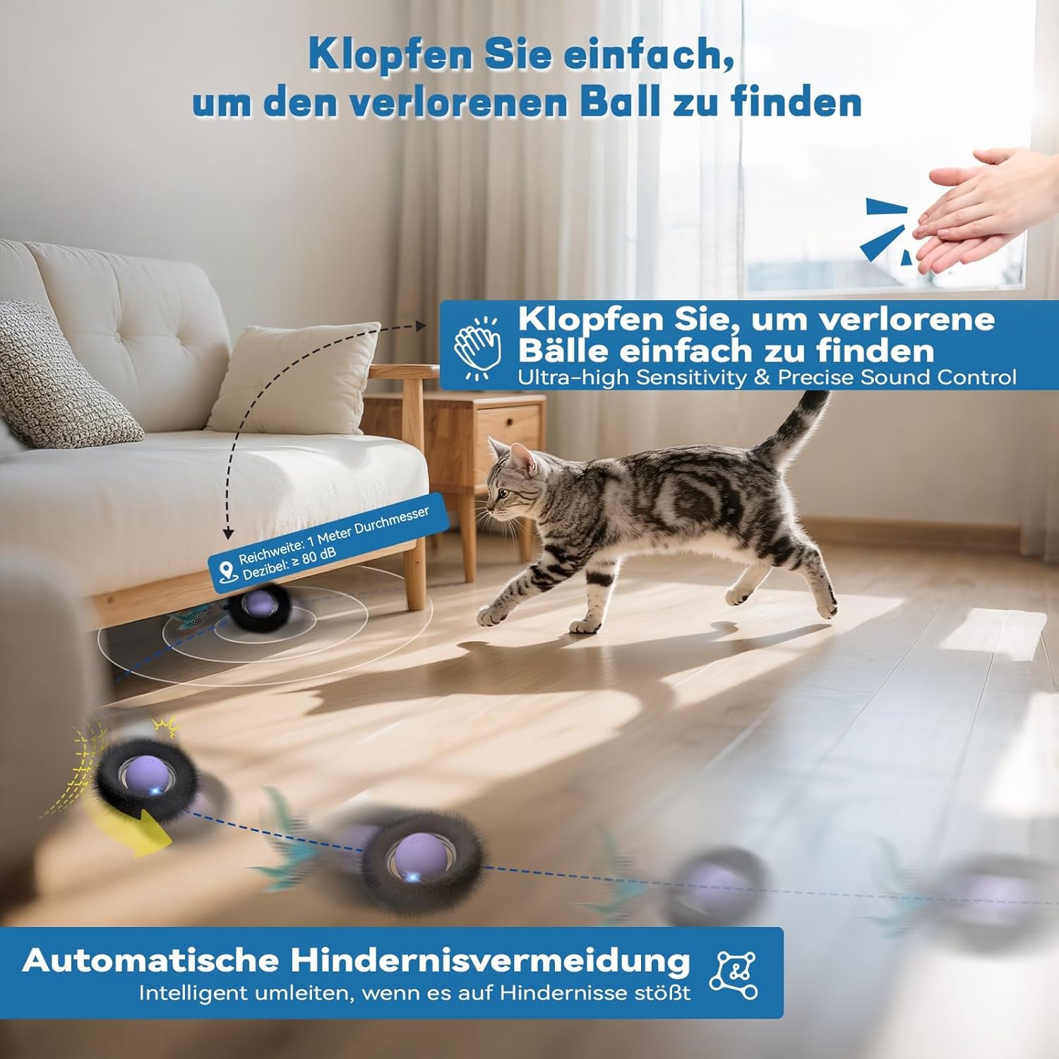 Detalle 2 de Zeepet Katzenspielzeug für drinnen – interaktiver Katzenspielball mit Labyrinthmatte, 7 Löcher und Federschwanz