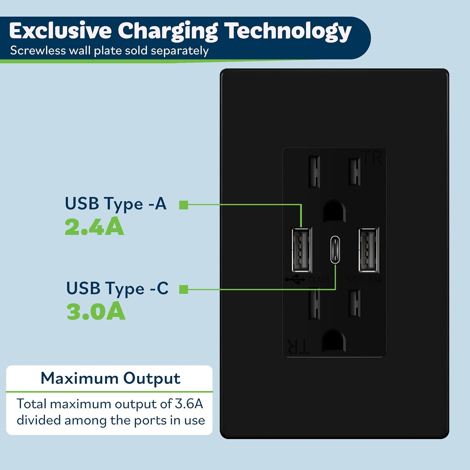 Detalle de TOPGREENER 3-Port USB Wall Outlet 15A 🔌