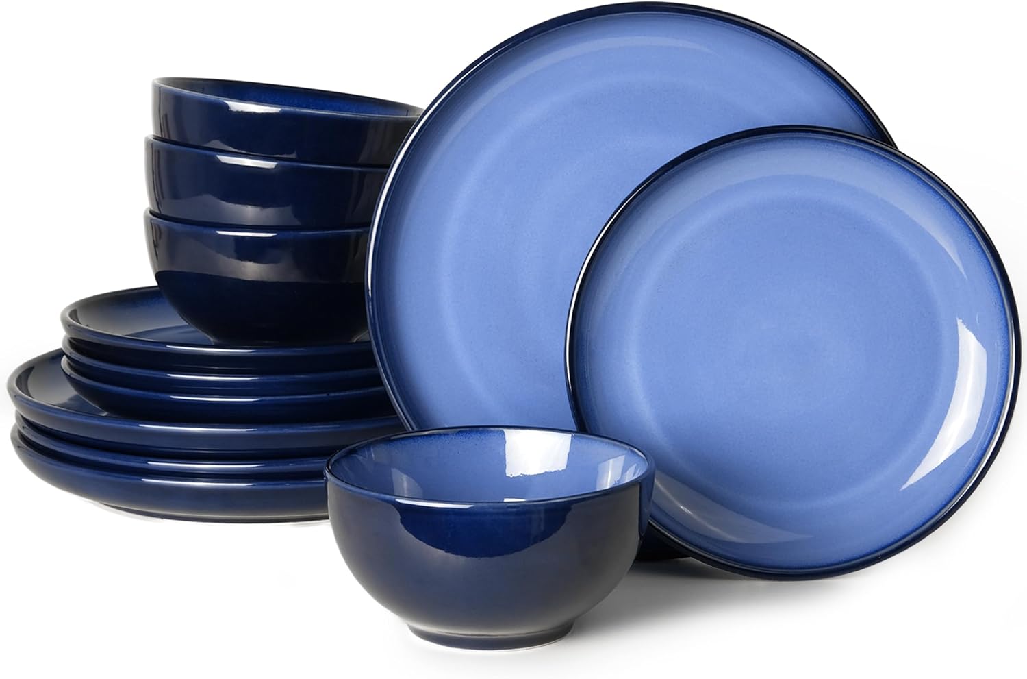Pokini Blue Stoneware Dinnerware Set, 12 pcs — Reactive Glaze Plates & Bowls for 4