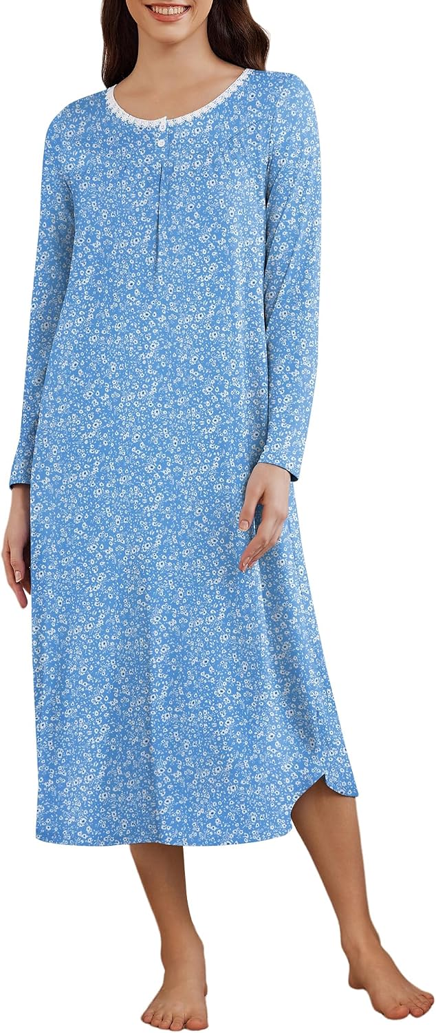 Detalle de Ekouaer Women's Long-Sleeve Henley Nightgown with Pockets, Stretch Fabric