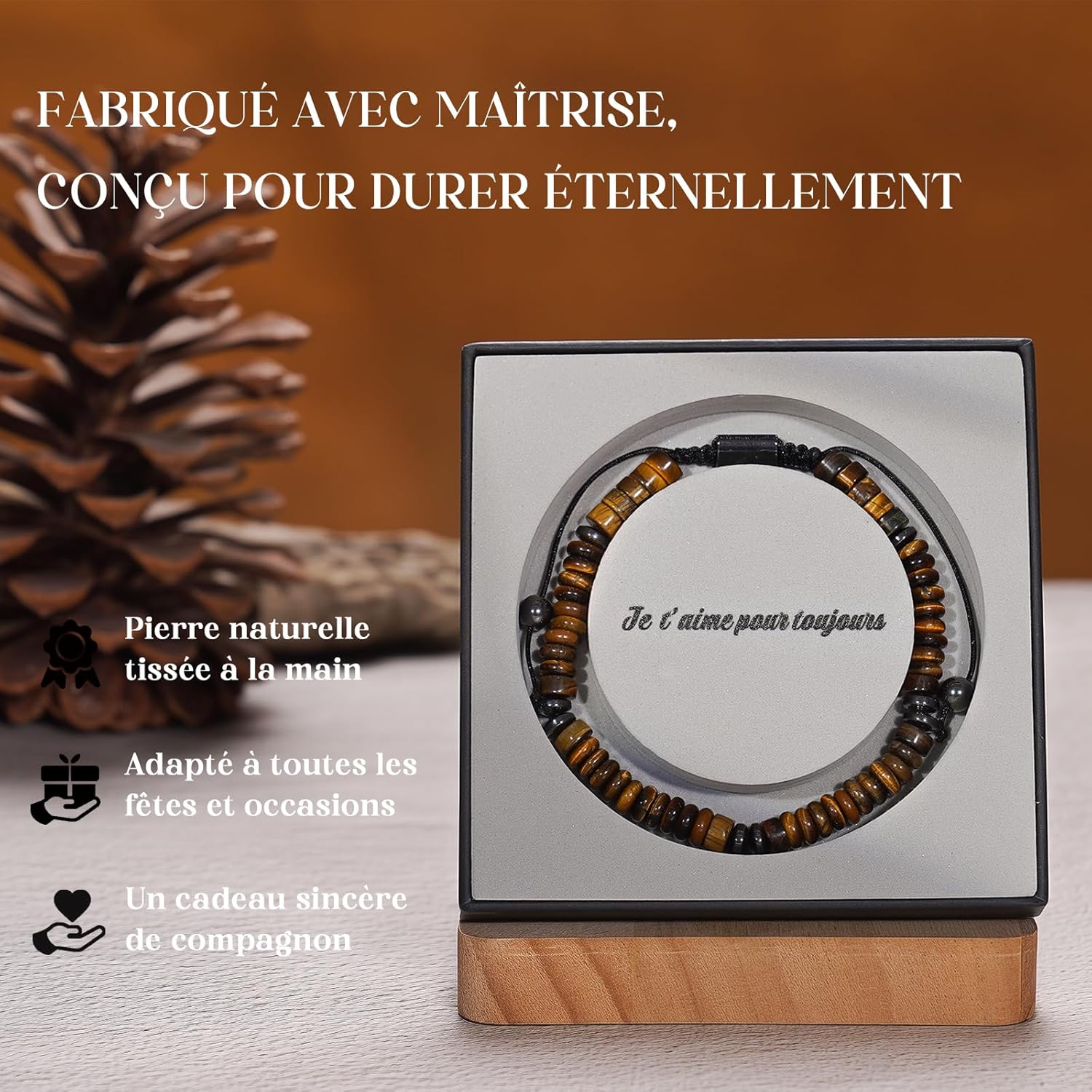 Thumbnail 3 de Bracelet homme en œil de tigre naturel Lueaurra, taille réglable 19 à 23 cm (idée cadeau)