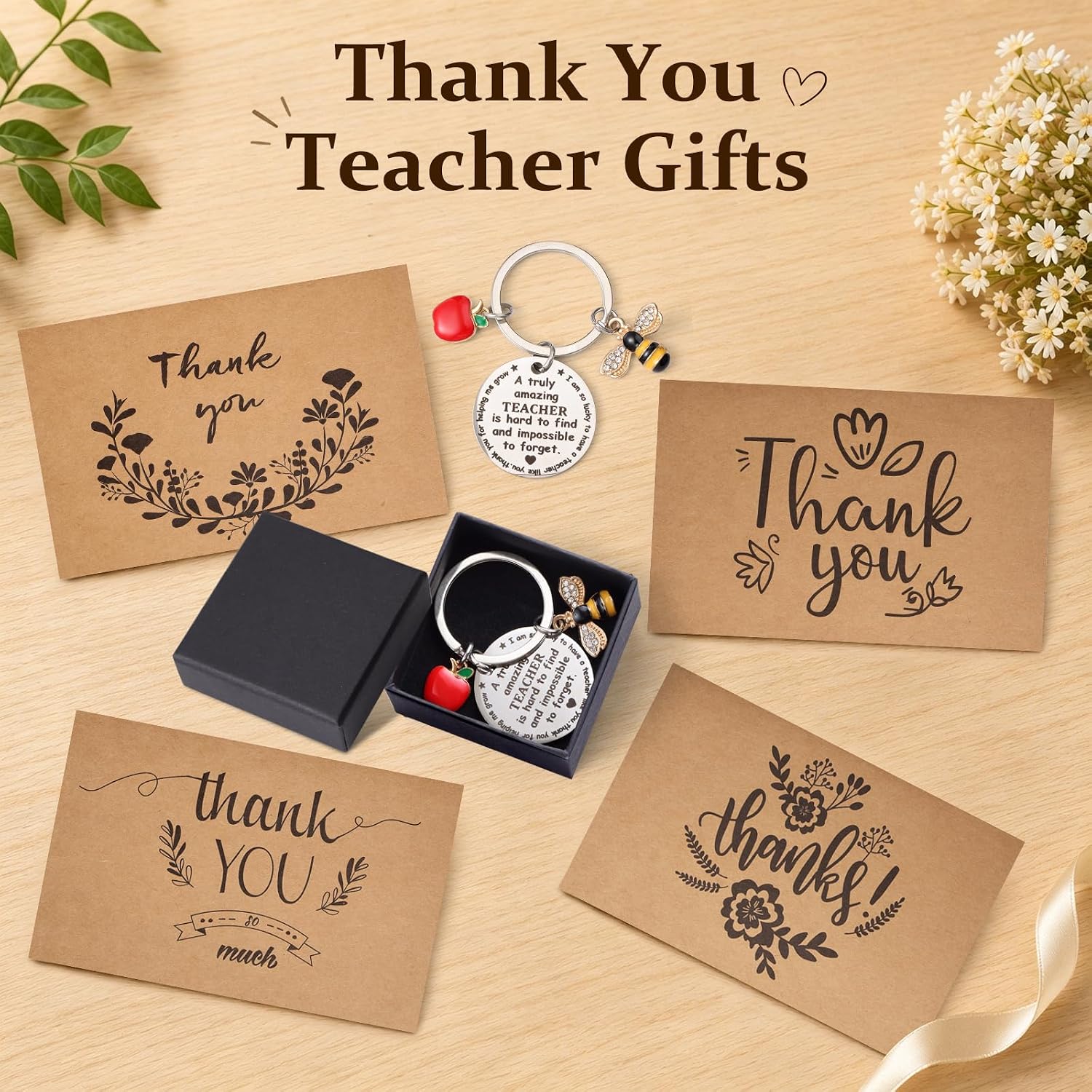 Detalle de 12 Pack Teacher Gifts Set: Thank You Keychains, Cards, Envelopes and Gift Boxes