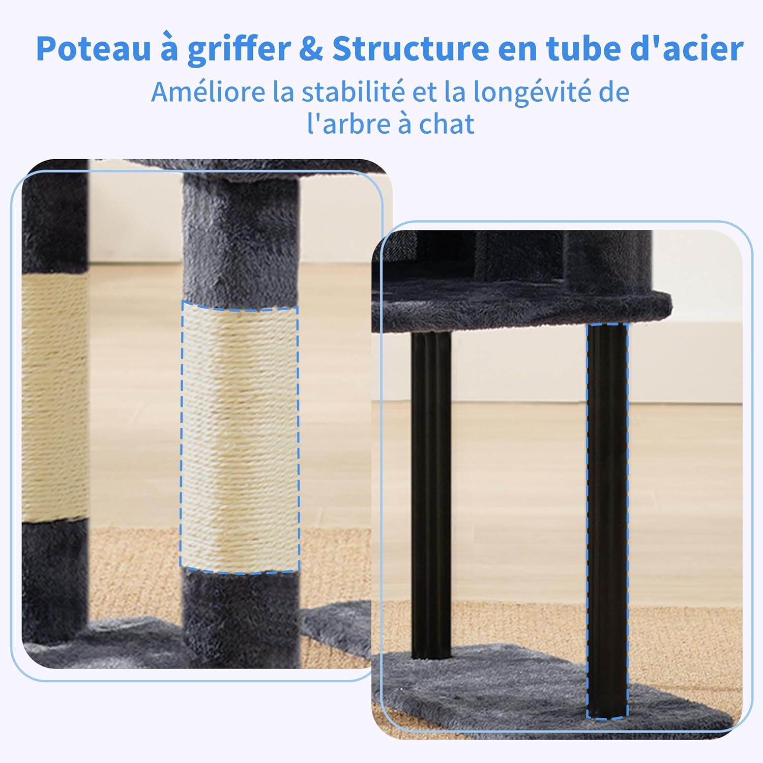 Thumbnail 4 de Heybly Arbre à chat HCT200SG gris anthracite (125 cm) avec niche, plateformes et griffoir en sisal