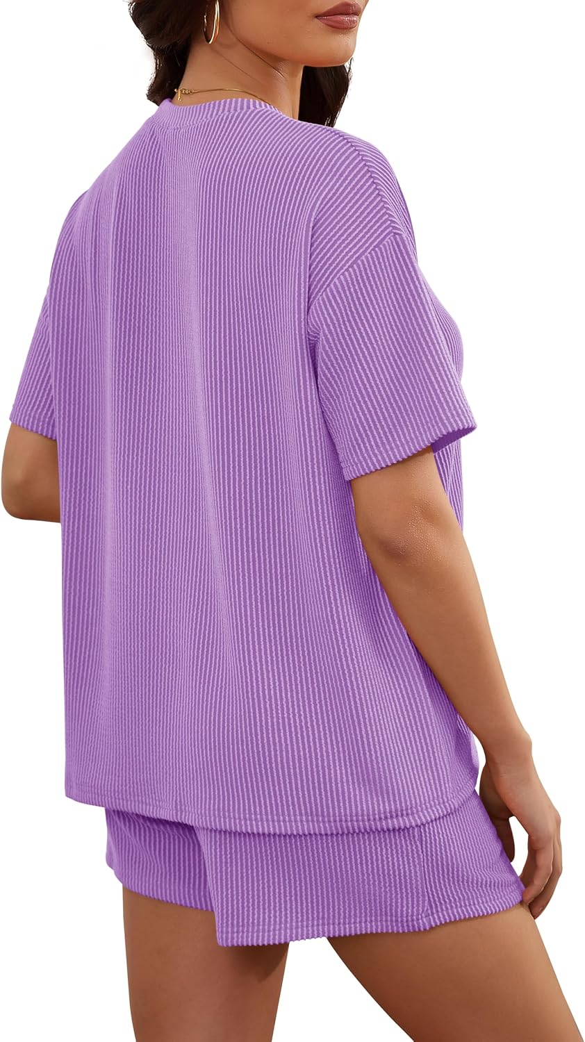 Detalle de RUBZOOF Women's 2-Piece Ribbed Knit Lounge Set: Short Sleeve Top and Shorts