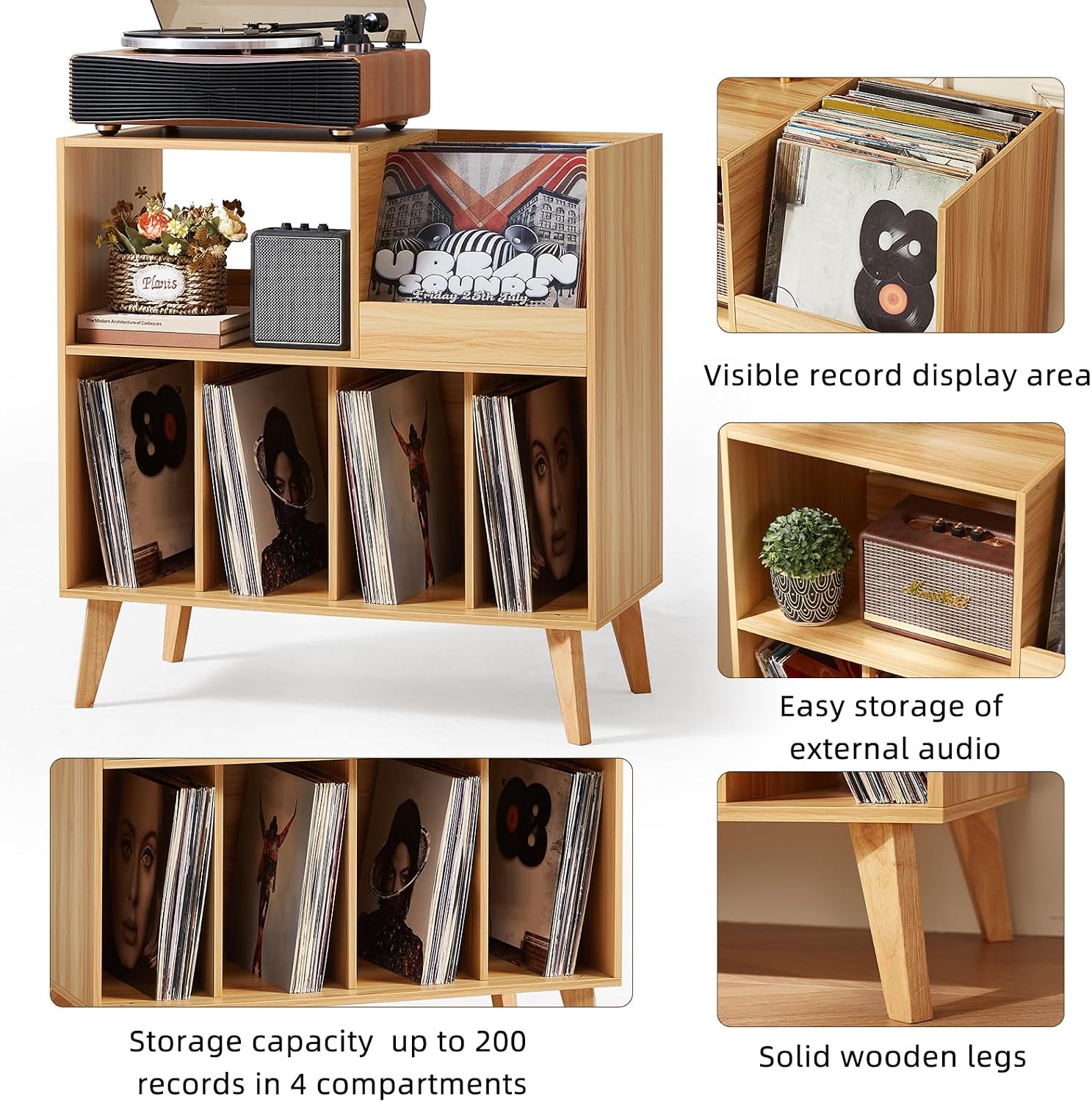 Thumbnail 4 de Large record stand with storage – wooden record player stand for up to 300 vinyl albums