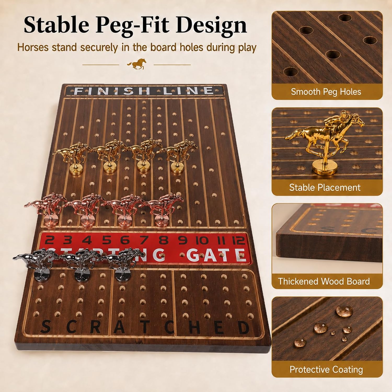 Thumbnail 4 de Jyquorp Horse Race Board Game (Rustic Brown) with 11 Metal Horses, 2 Dice, and Card Boxes