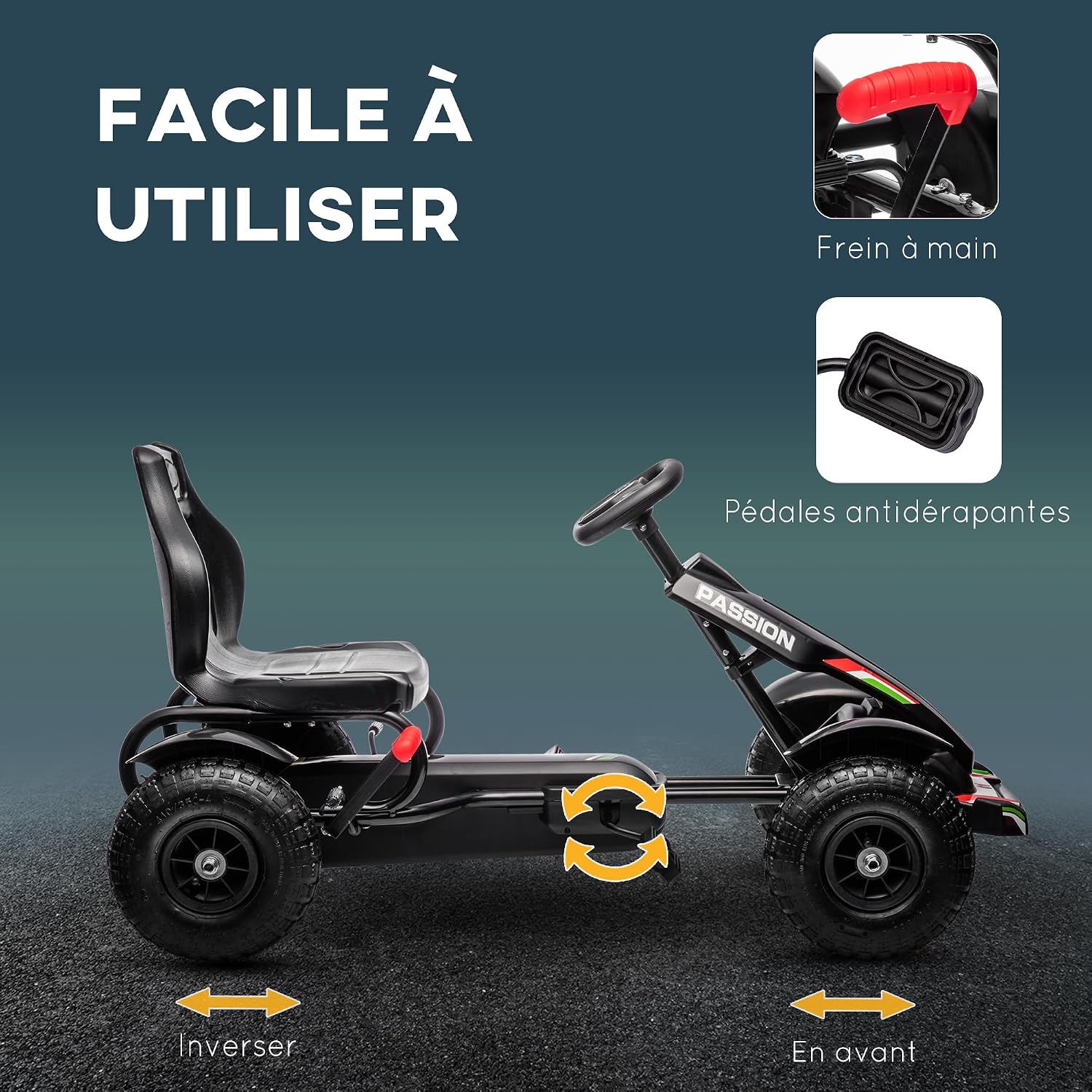 Thumbnail 3 de HOMCOM kart à pédales enfant avec frein à main et siège réglable 3 positions (5 à 12 ans) noir