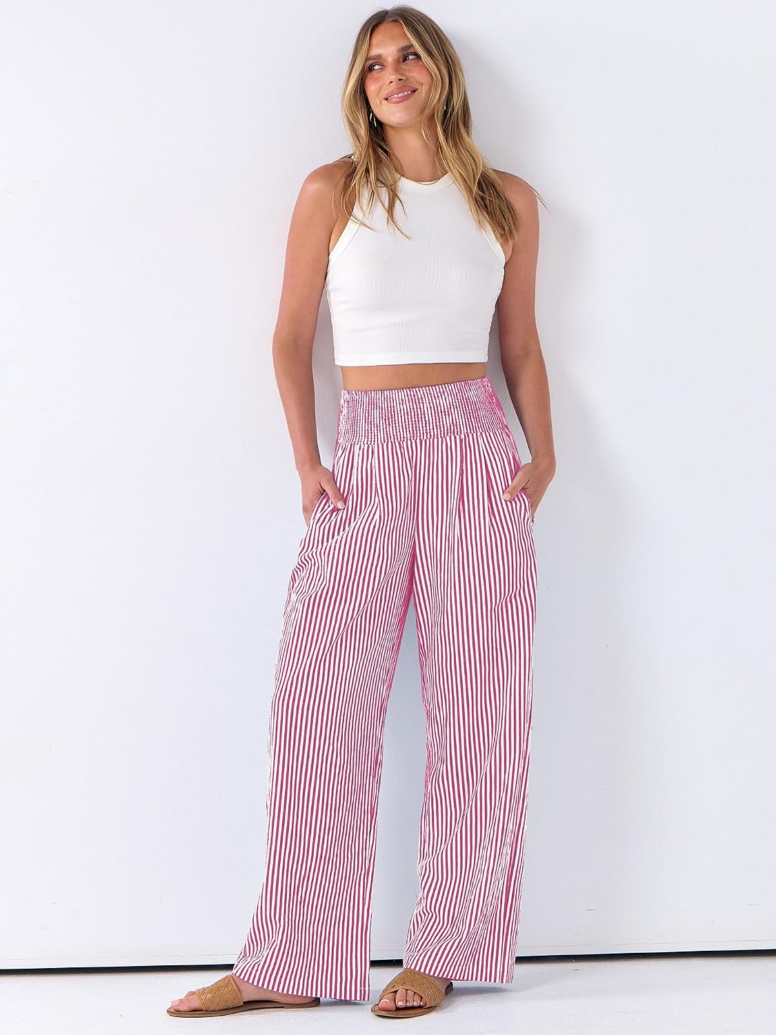 Detalle de ANRABESS Womens Striped Gingham Palazzo Pants: Soft, Breathable Wide-Leg Pajama & Lounge Pants with Pockets