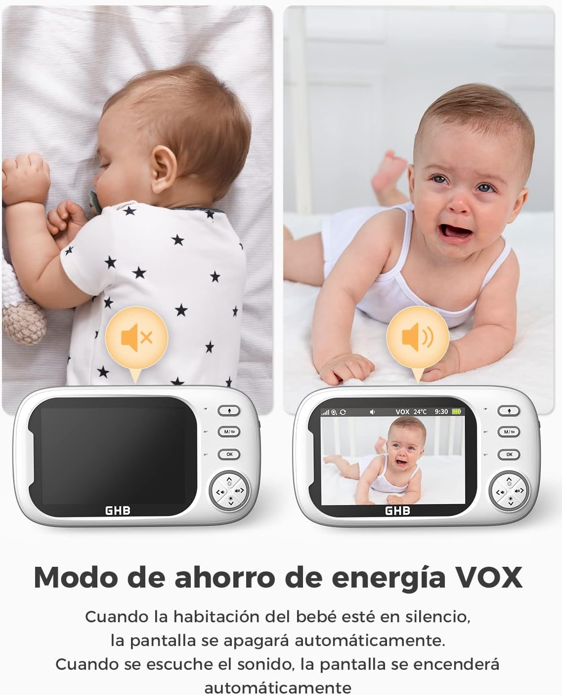 Thumbnail 2 de GHB Vigilabebés con Cámara y Pantalla IPS 3.5" 720P | VOX, Visión Nocturna y Audio Bidireccional