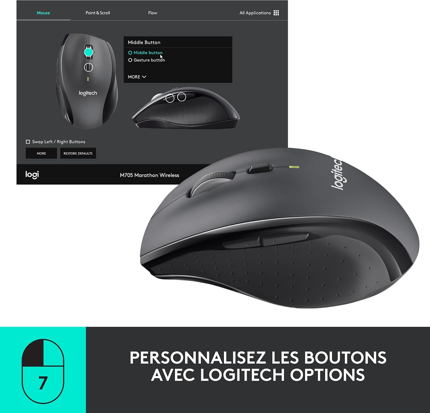 Detalle de Logitech M705 Marathon sans Fil: Souris ergonomique avec récepteur Unifying et défilement rapide