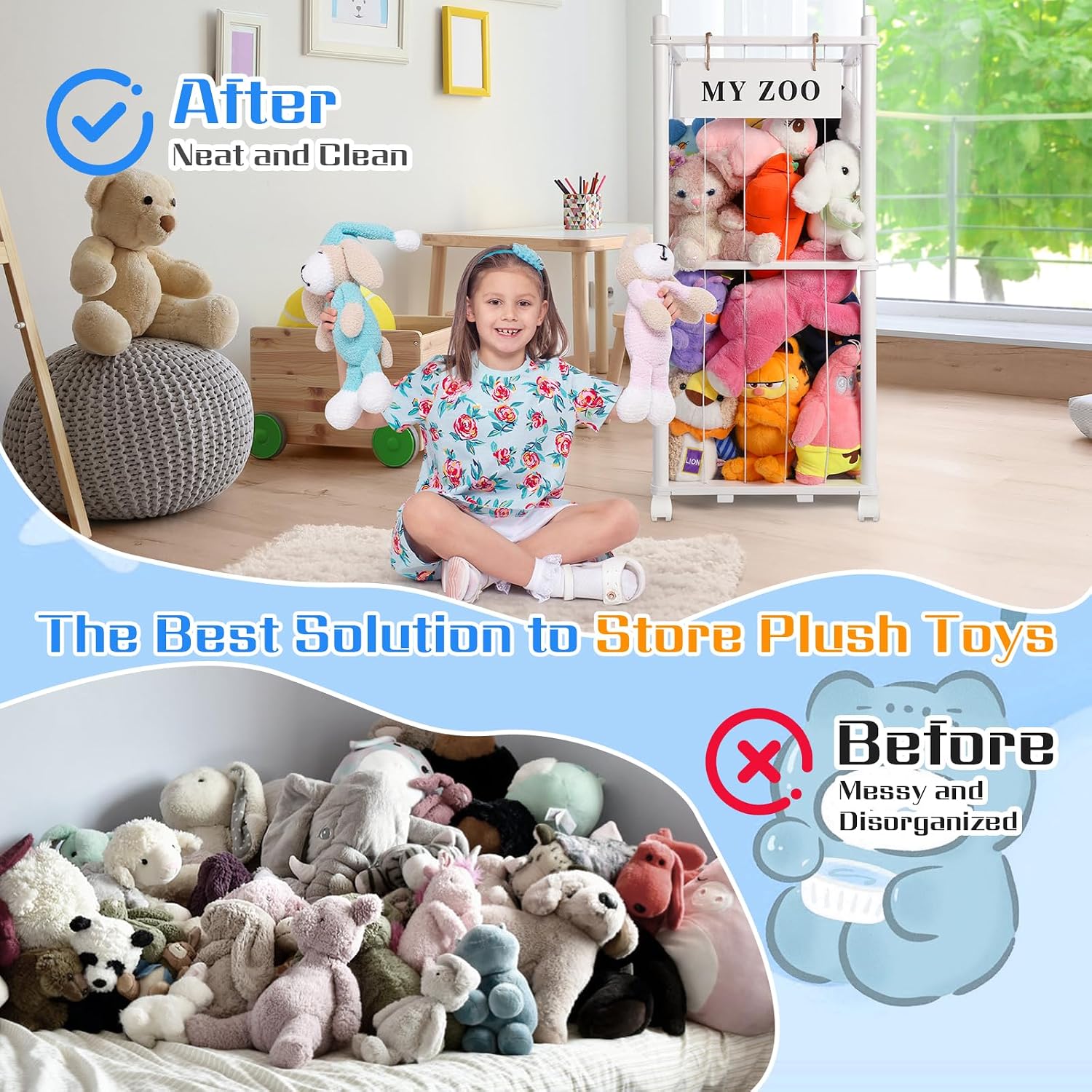 Detalle 2 de GLDZI Stuffed Animal Storage Wooden Organizer, Small White with Wheels