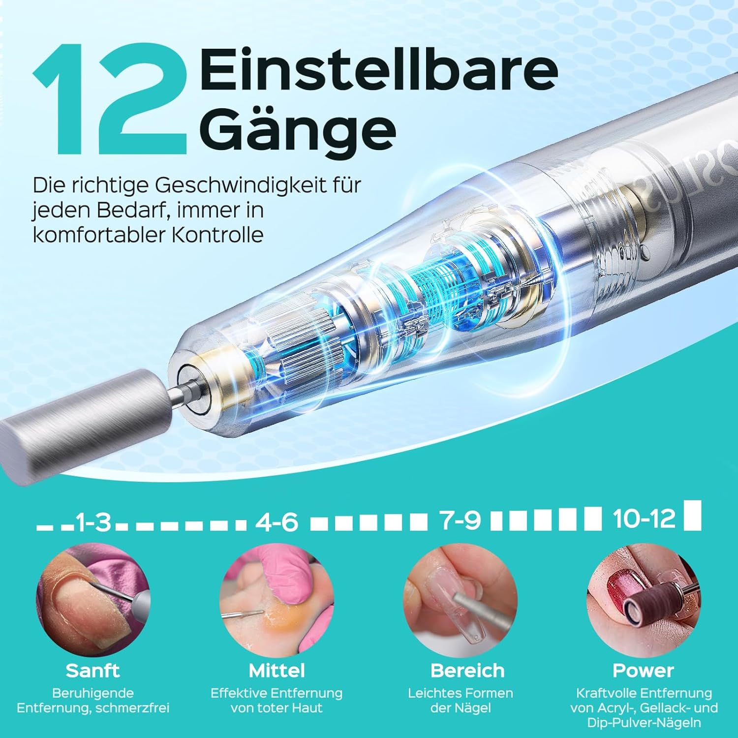 Detalle 2 de COSLUS C50 Nagelfräser Kabellose Elektrische Nagelfeile – 12 Stufen, LED-Display, USB-C, 77 g